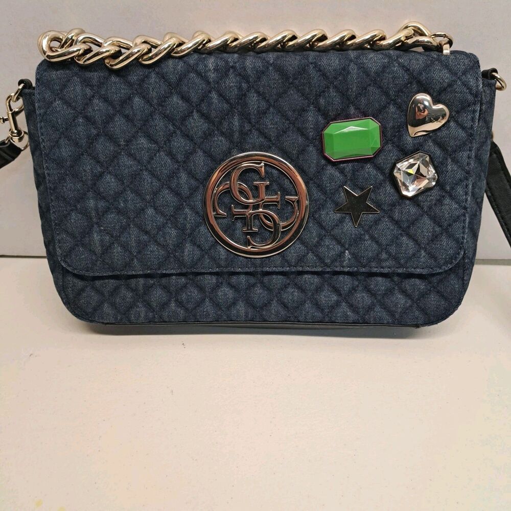Guess Women's G Lux Denim Quilted Heart Star Rhinestone Crossbody Bag Handbag